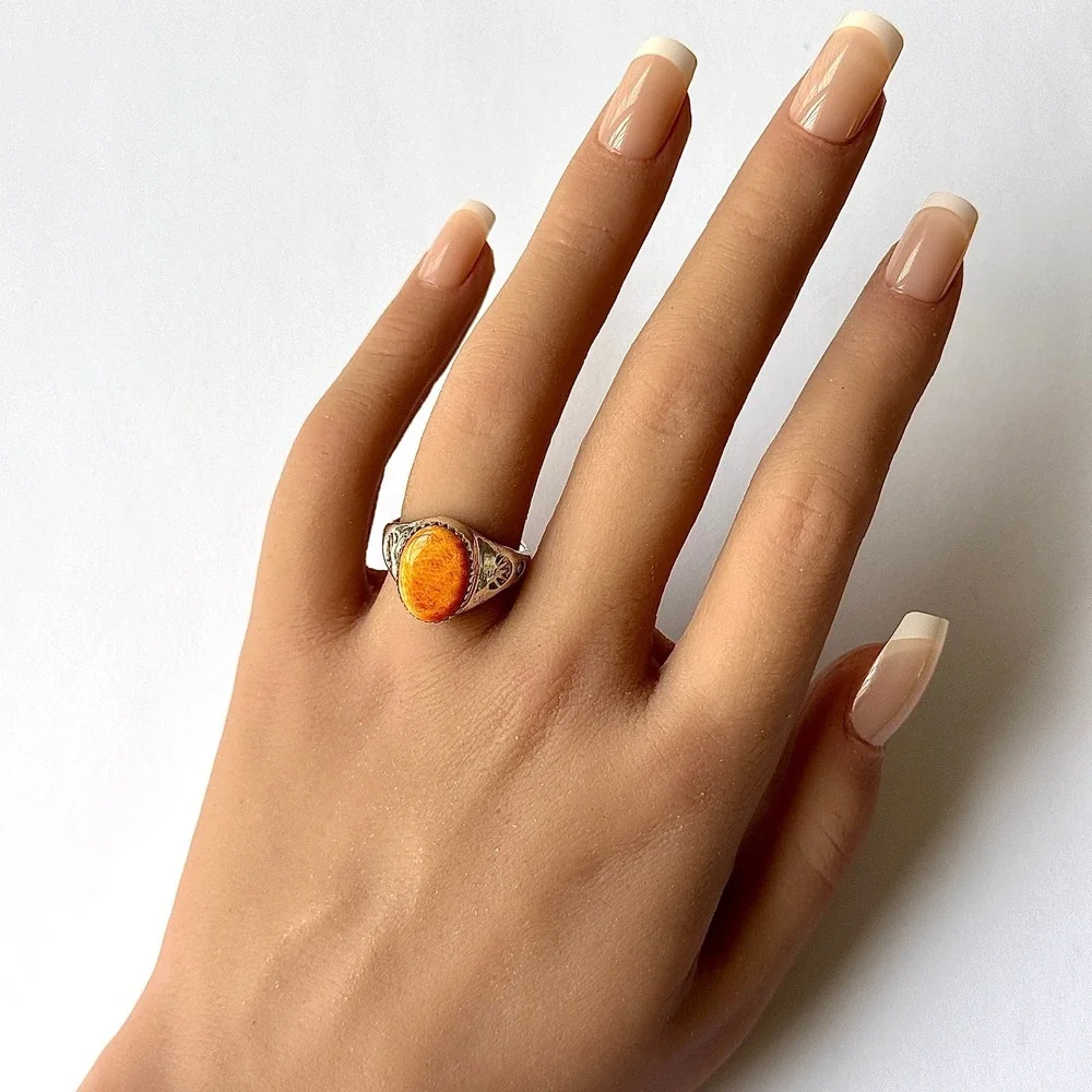 Orange Spiny Oyster Navajo Band Sz 8 Ring 15mm Signed ML Handmade‎ Native